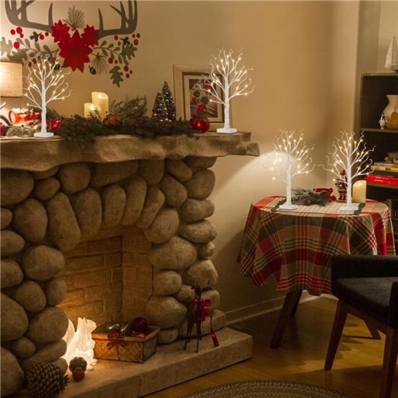 Christmas Tree Decorations, White Birch Tree with LED Lights- Set of 4 - Picture 5 of 14